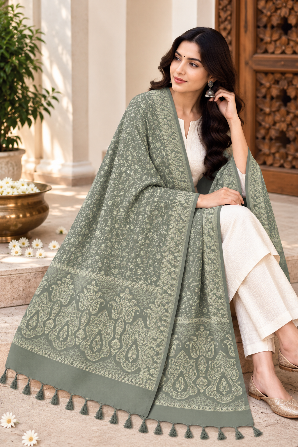 Sage Green Tonal Paisley Shawl with Twisted Fringe