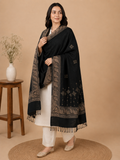 Black Zari Embellished Shawl with Paisley Border - front view worn