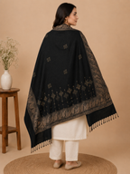 Black Zari Embellished Shawl with Paisley Border - back view worn