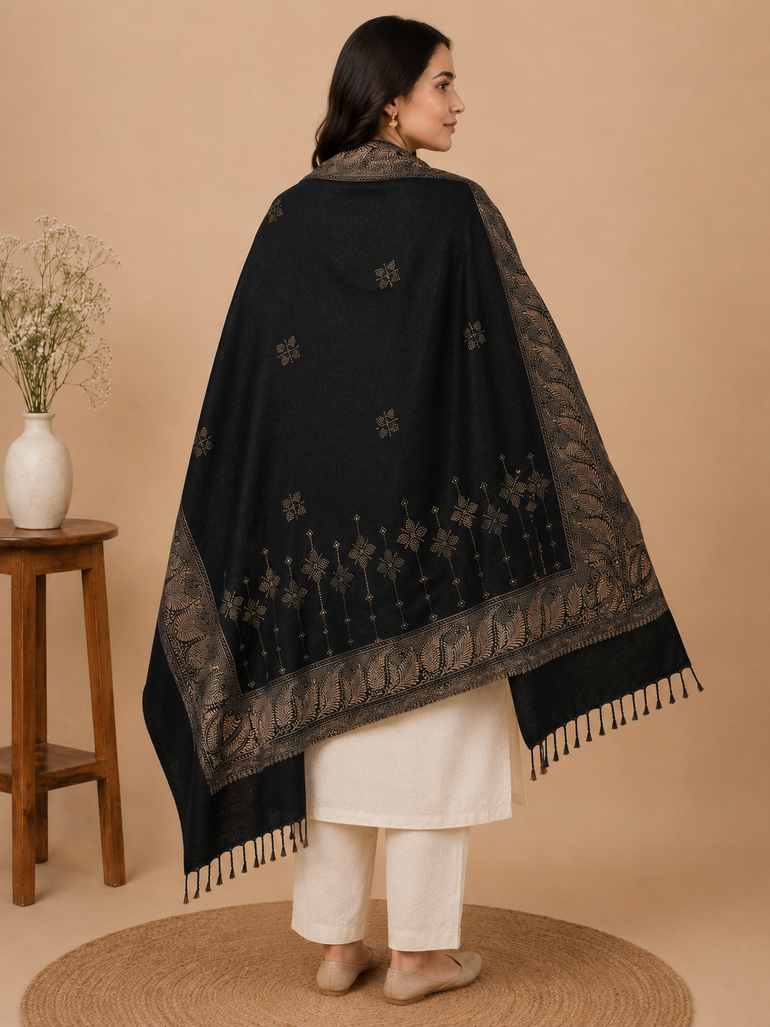 Black Zari Embellished Shawl with Paisley Border - back view worn