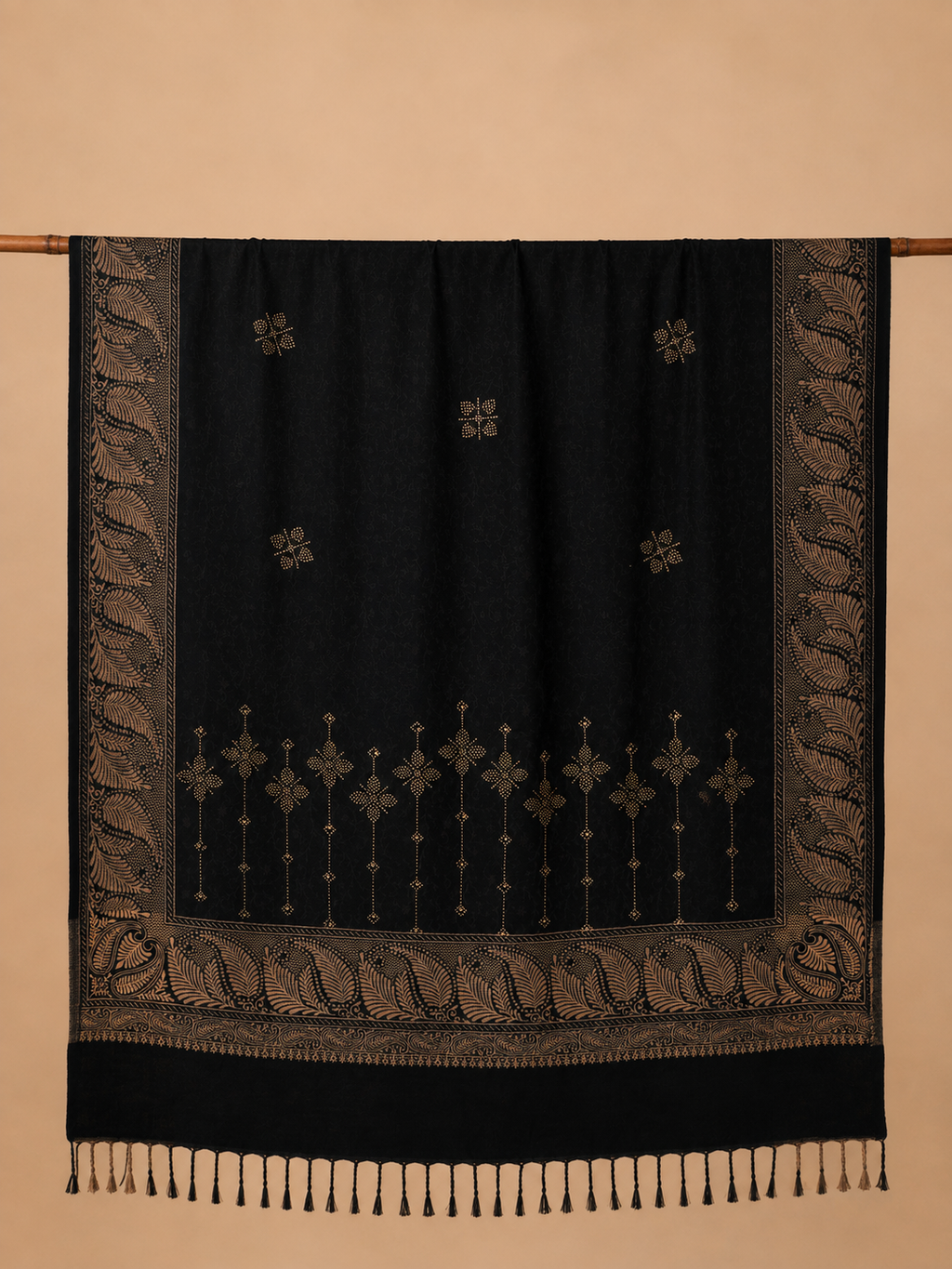 Black Zari Embellished Shawl with Paisley Border - detail of border and mirror work