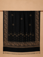 Black Zari Embellished Shawl with Paisley Border - detail of border and mirror work
