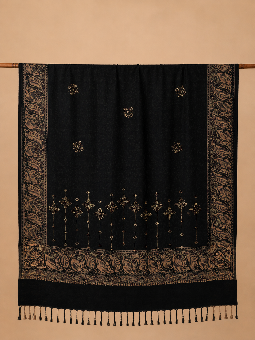 Black Zari Embellished Shawl with Paisley Border - detail of border and mirror work