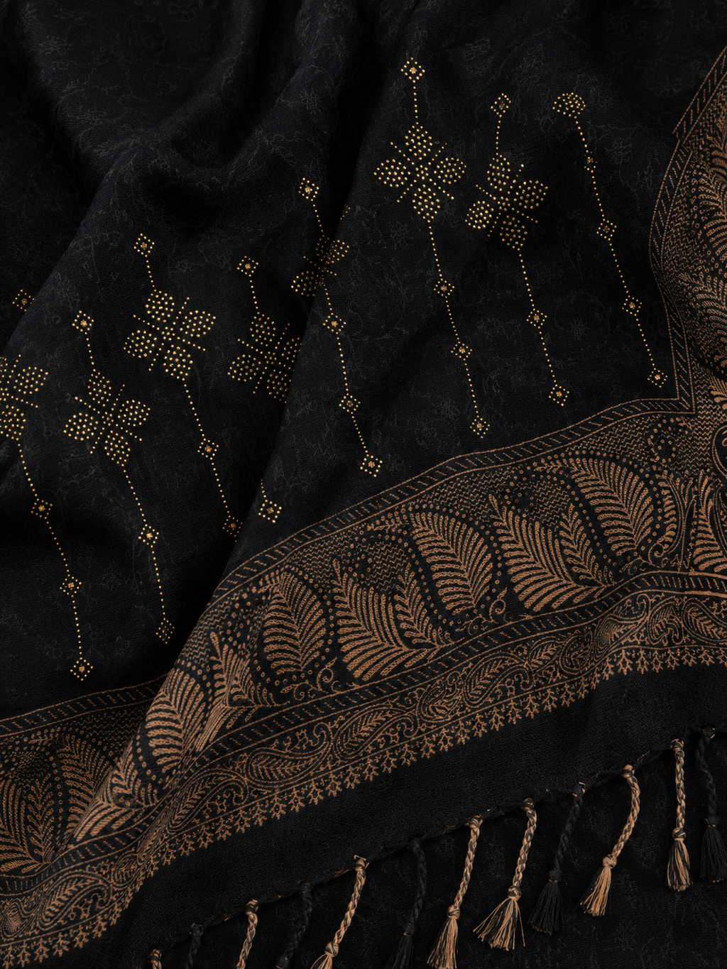 Black Zari Embellished Shawl with Paisley Border - close-up of zari mirror work