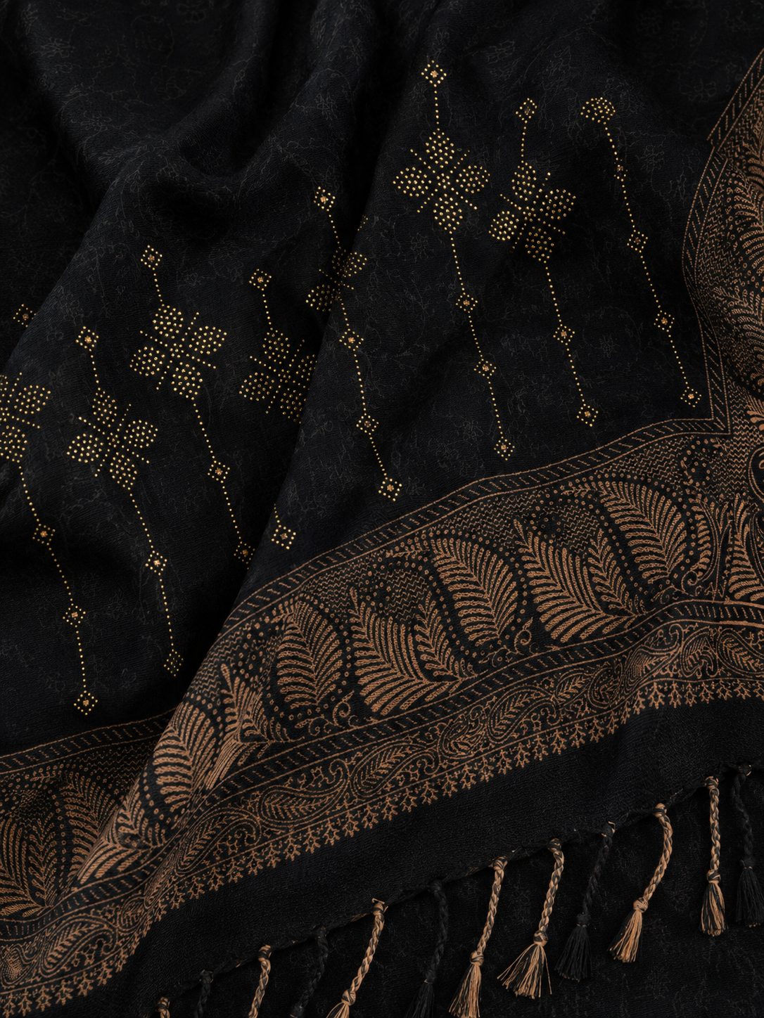 Black Zari Embellished Shawl with Paisley Border - close-up of zari mirror work