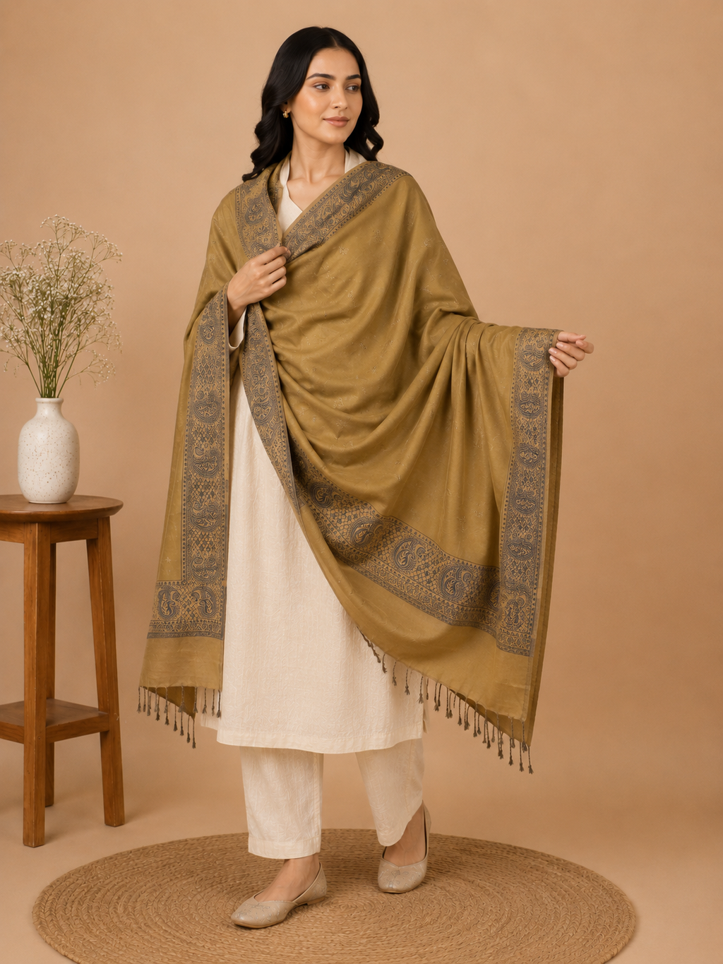 Mustard Zari Embellished Shawl with Paisley Border - worn, front angle