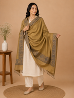 Mustard Zari Embellished Shawl with Paisley Border - worn, front angle