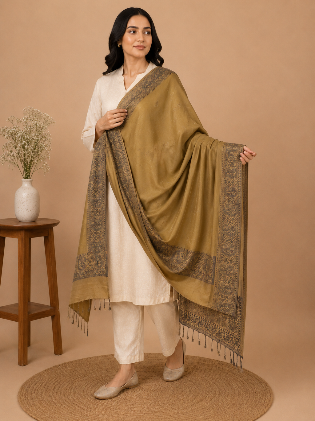 Mustard Zari Embellished Shawl with Paisley Border - worn, side drape