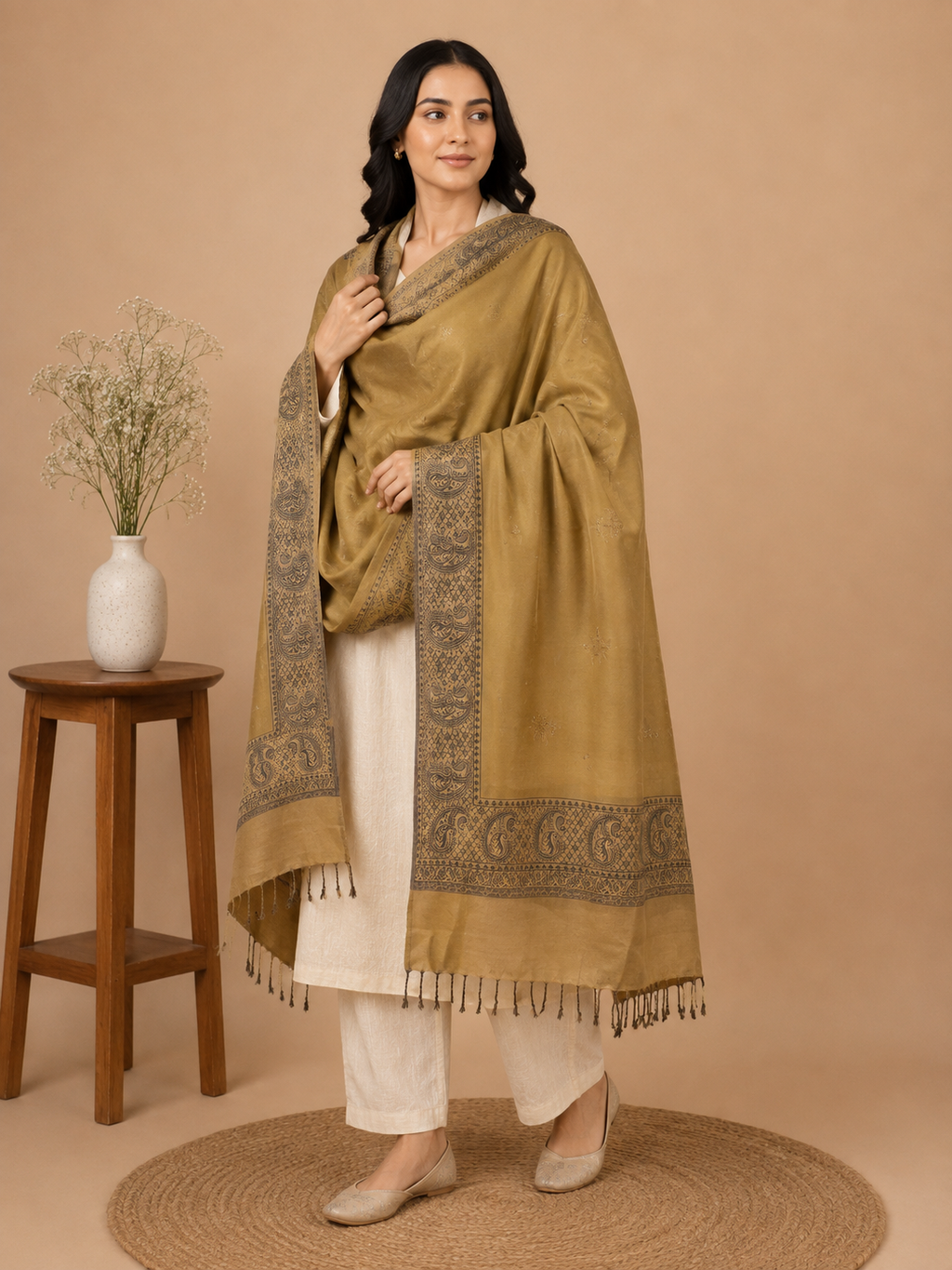 Mustard Zari Embellished Shawl with Paisley Border - worn, close drape detail