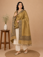 Mustard Zari Embellished Shawl with Paisley Border - worn, close drape detail