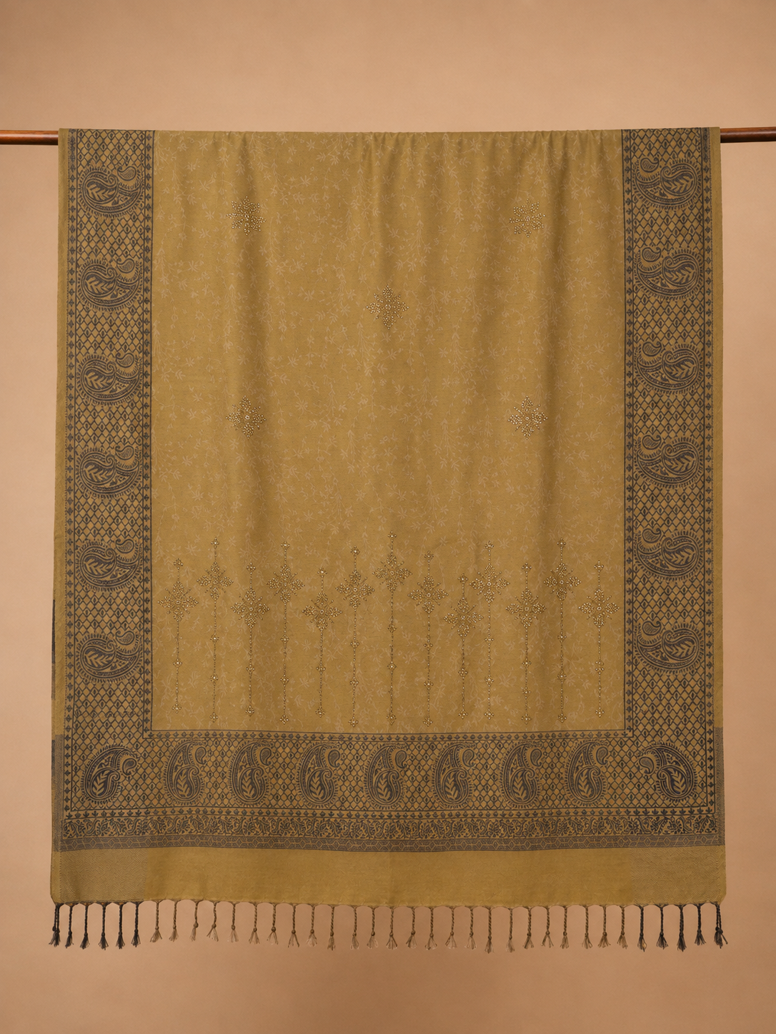 Mustard Zari Embellished Shawl with Paisley Border - flat product shot, full view