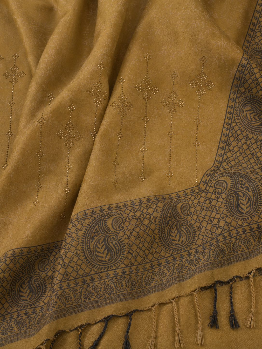 Mustard Zari Embellished Shawl with Paisley Border - close-up of border and zari embroidery detail
