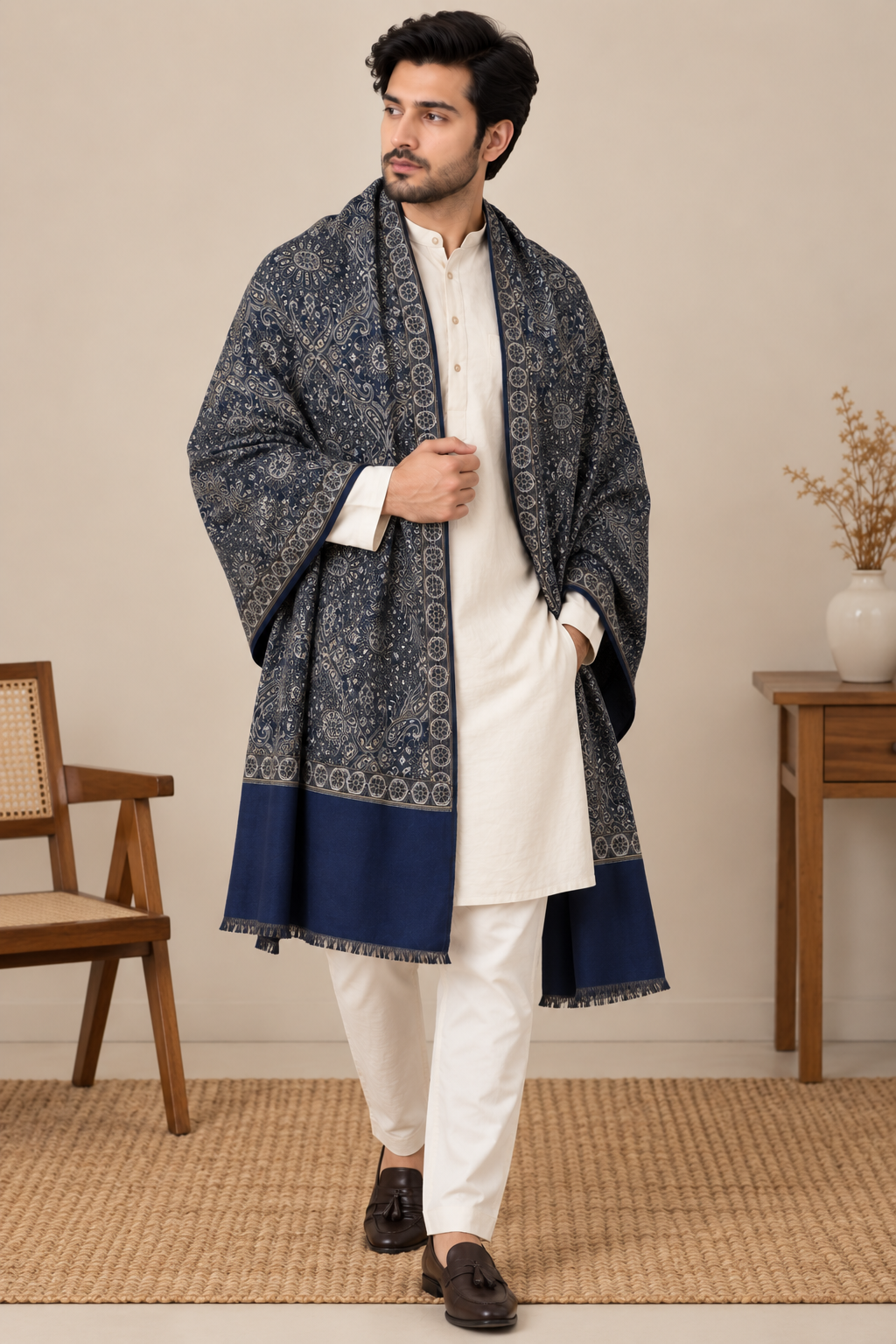 Navy Blue Paisley Shawl with Ornamental Border - worn, front angle