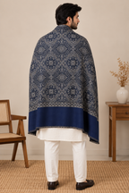 Navy Blue Paisley Shawl with Ornamental Border - worn, back view showing full pattern