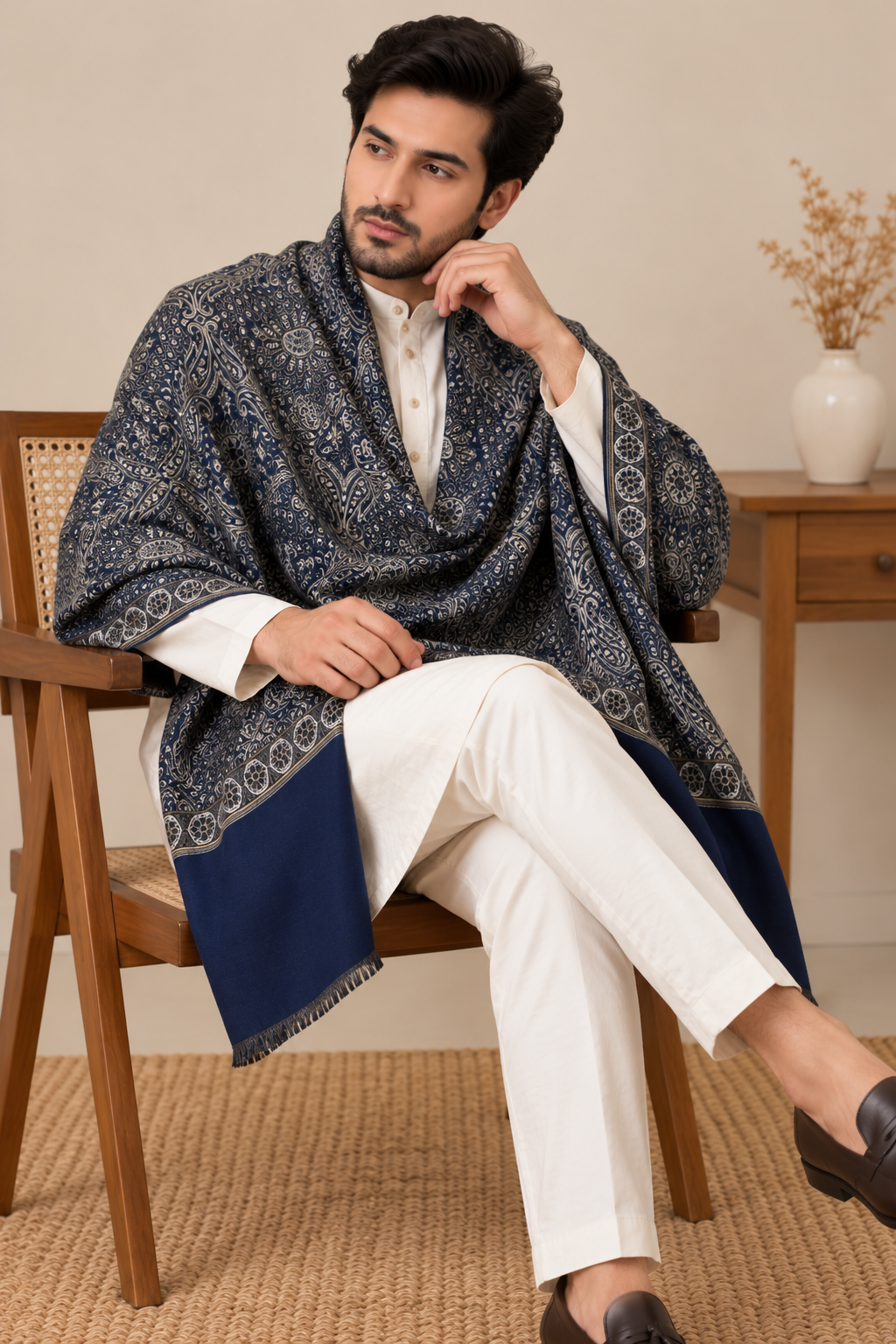 Navy Blue Paisley Shawl with Ornamental Border - worn, seated close drape detail