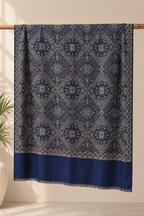 Navy Blue Paisley Shawl with Ornamental Border - flat product shot, full pattern view