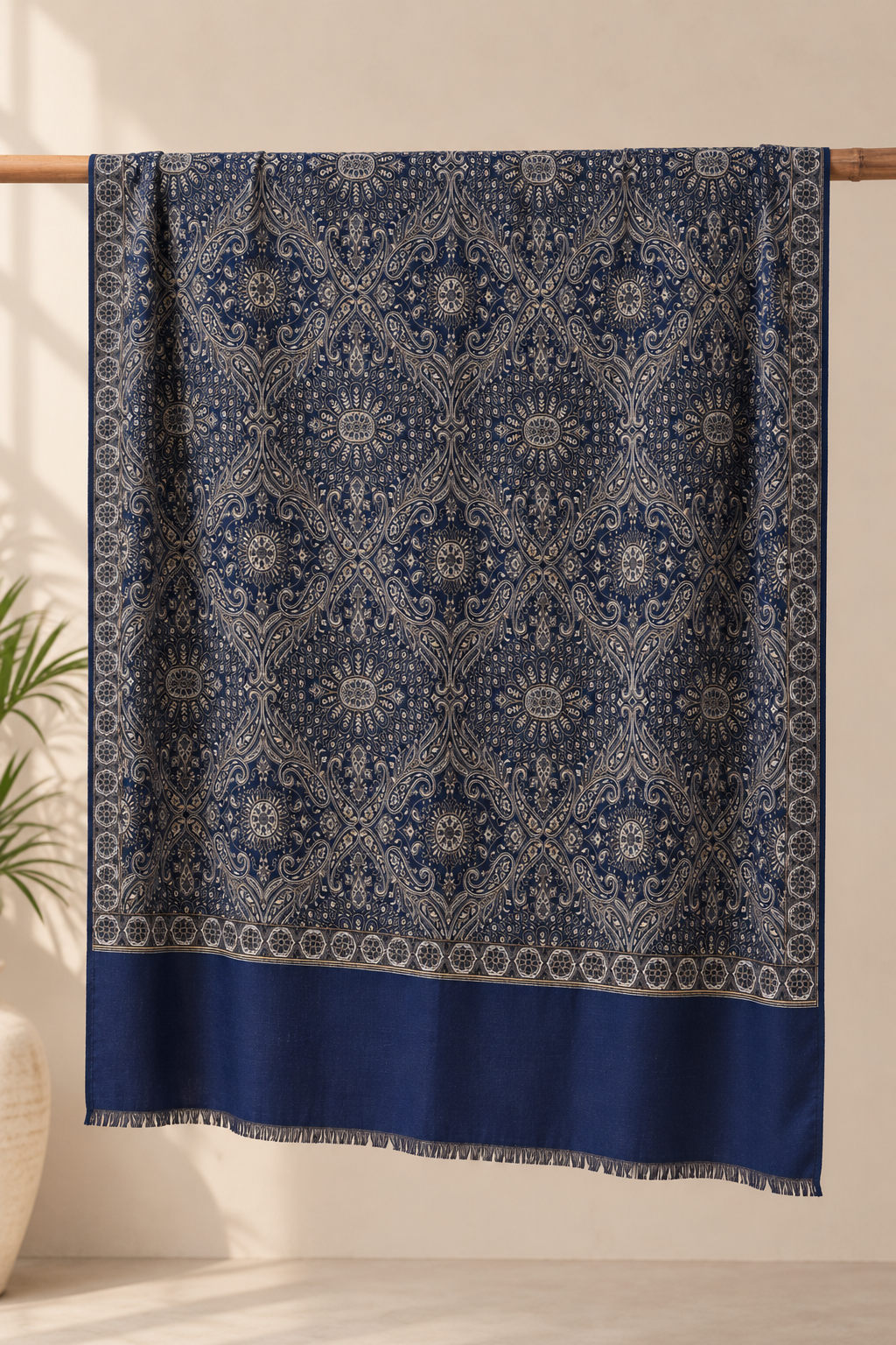 Navy Blue Paisley Shawl with Ornamental Border - flat product shot, full pattern view