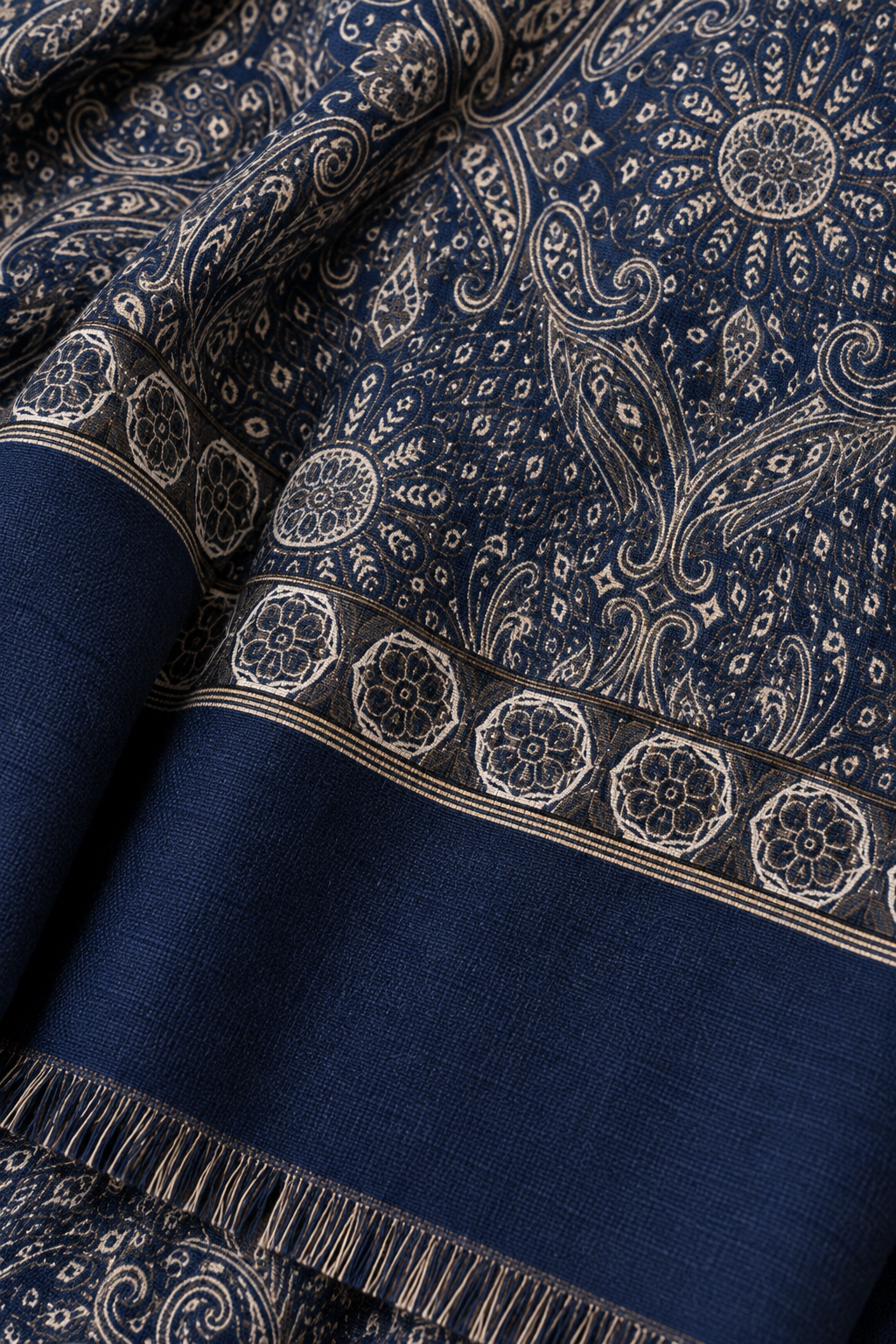 Navy Blue Paisley Shawl with Ornamental Border - close-up of border and fringe detail