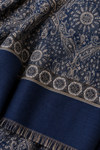 Navy Blue Paisley Shawl with Ornamental Border - close-up of border and fringe detail