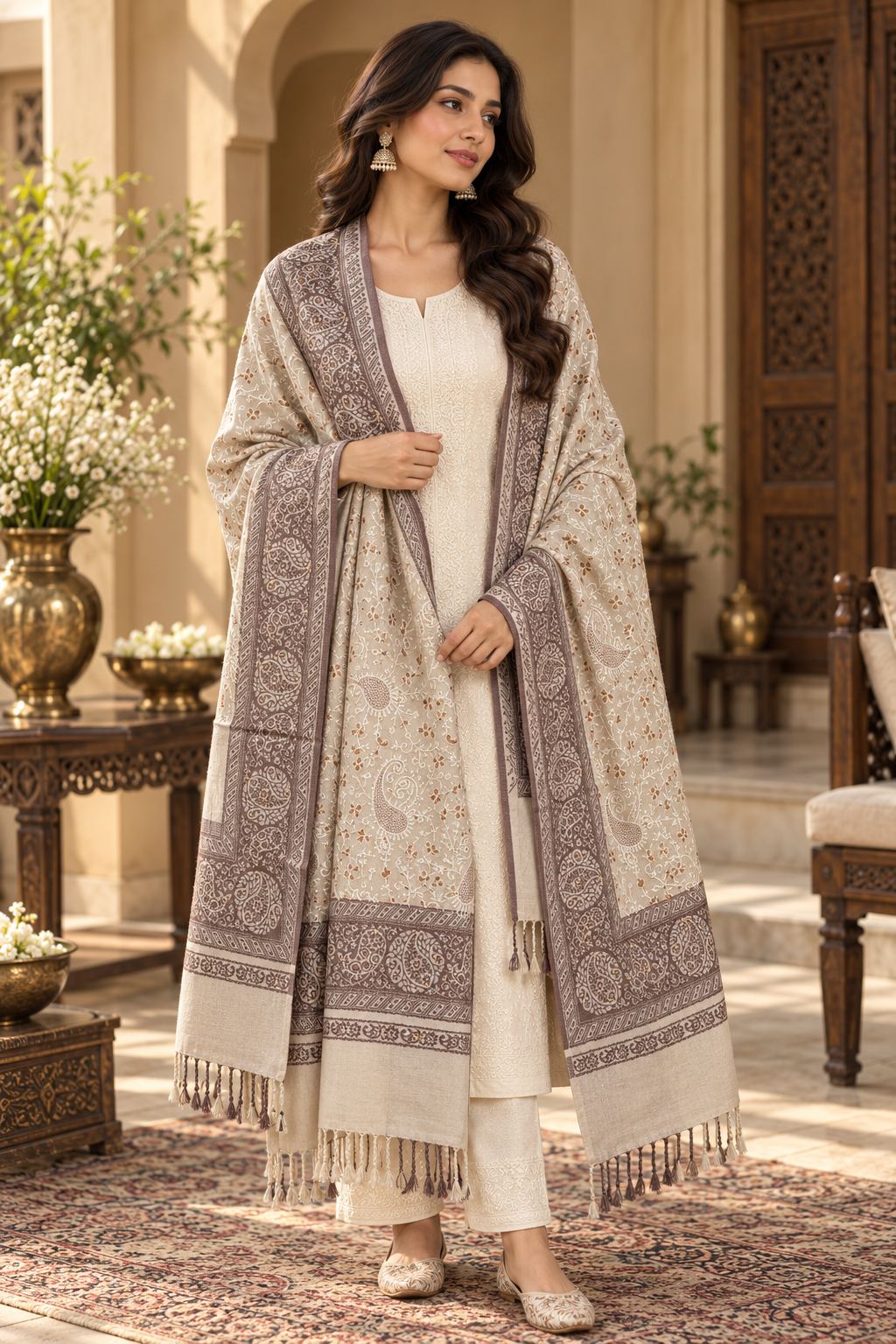 Ivory Mauve Jamawar Paisley Wool Shawl with Tassels