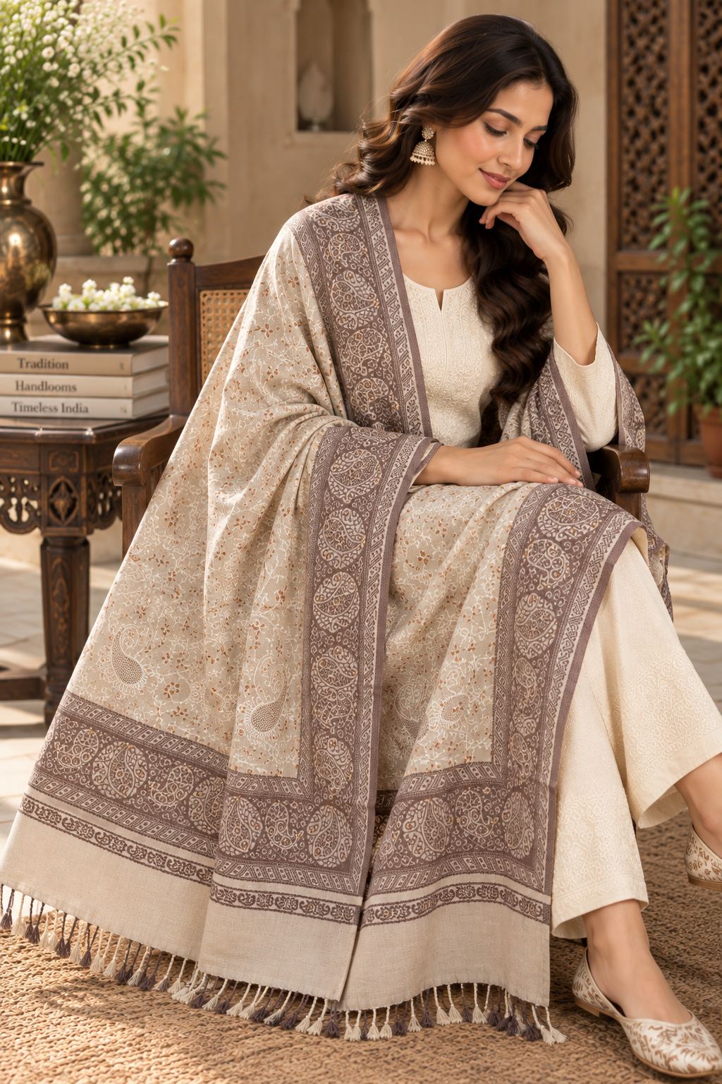 Ivory Mauve Jamawar Paisley Wool Shawl with Tassels