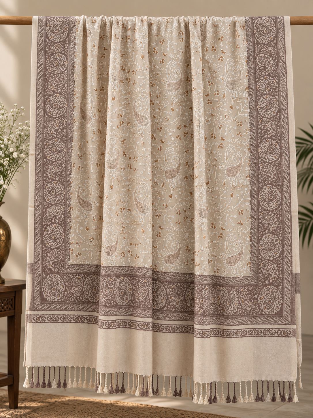 Ivory Mauve Jamawar Paisley Wool Shawl with Tassels
