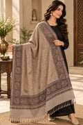 Beige Brown Jamawar Paisley Wool Shawl with Tassels