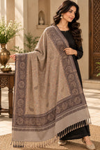 Beige Brown Jamawar Paisley Wool Shawl with Tassels