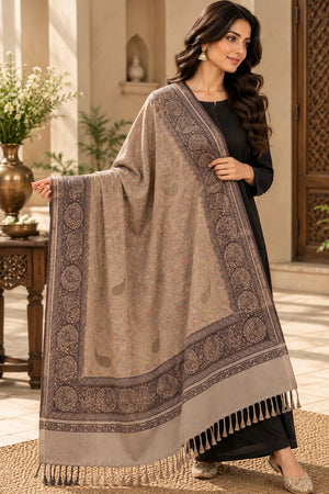 Beige Brown Jamawar Paisley Wool Shawl with Tassels