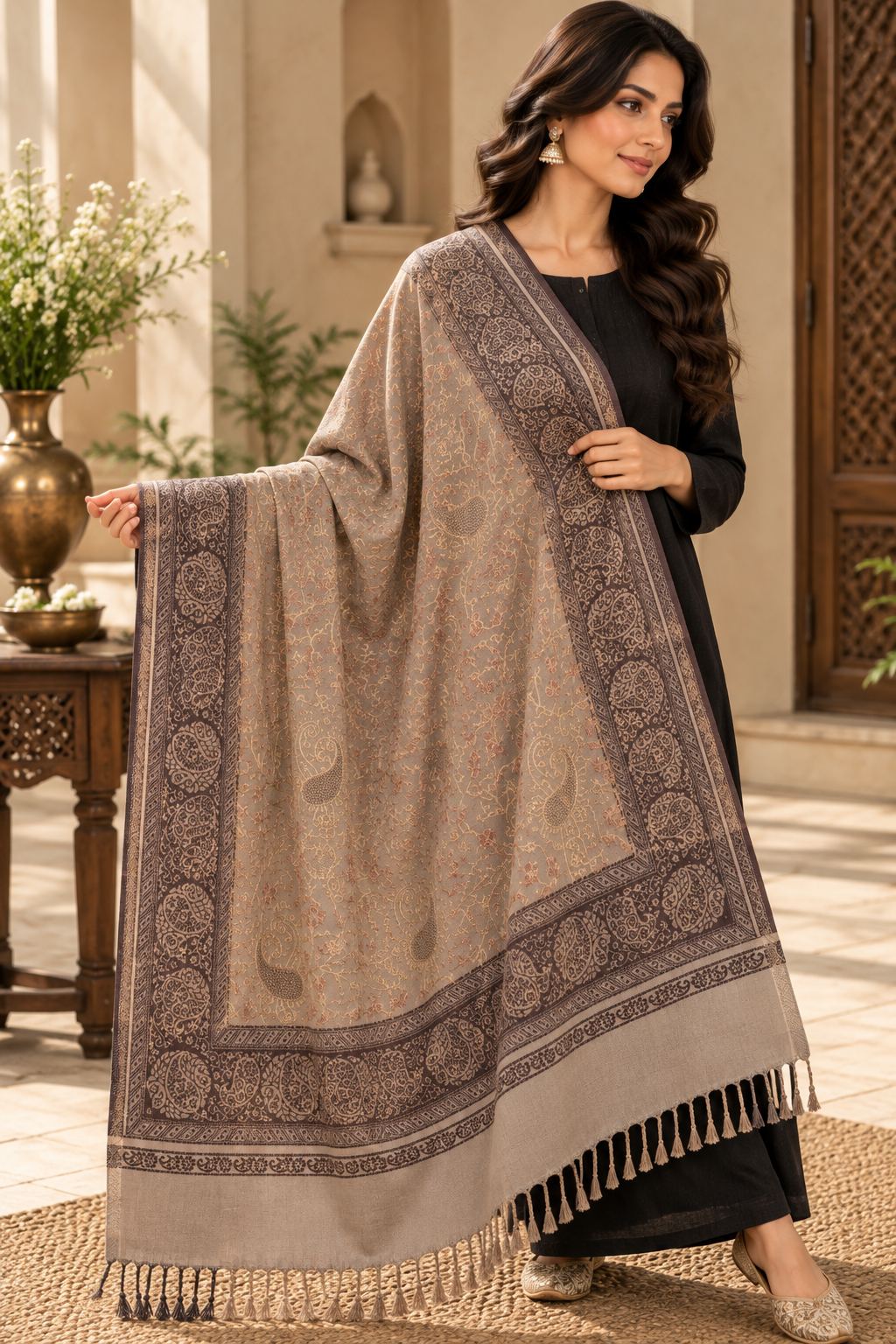 Beige Brown Jamawar Paisley Wool Shawl with Tassels