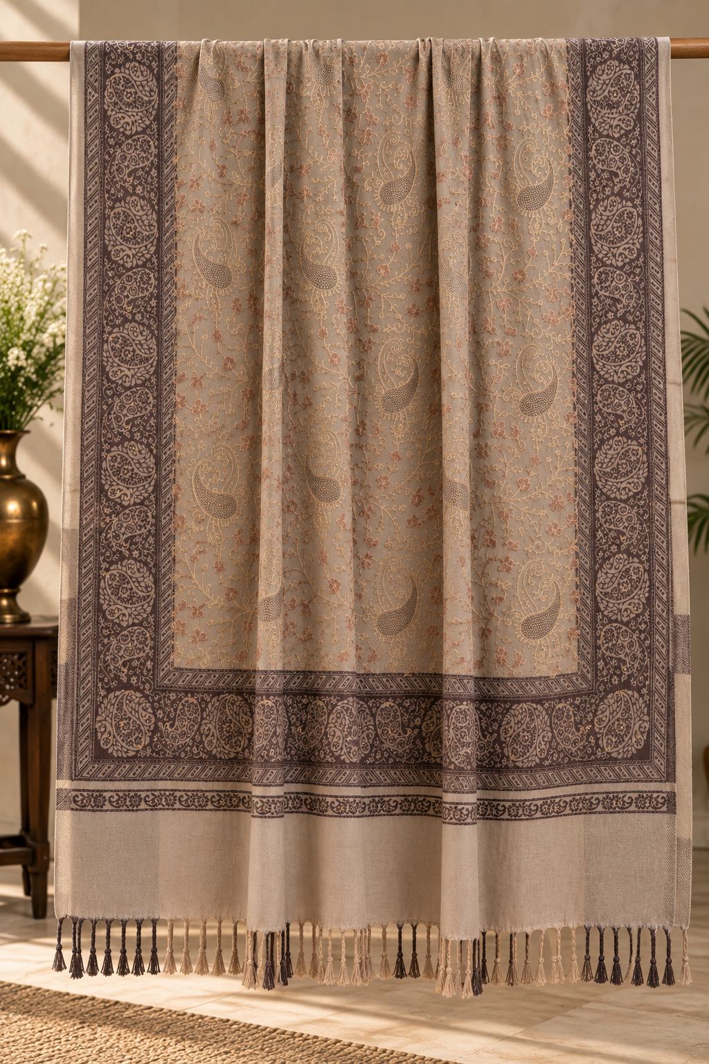 Beige Brown Jamawar Paisley Wool Shawl with Tassels