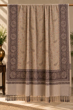 Beige Brown Jamawar Paisley Wool Shawl with Tassels