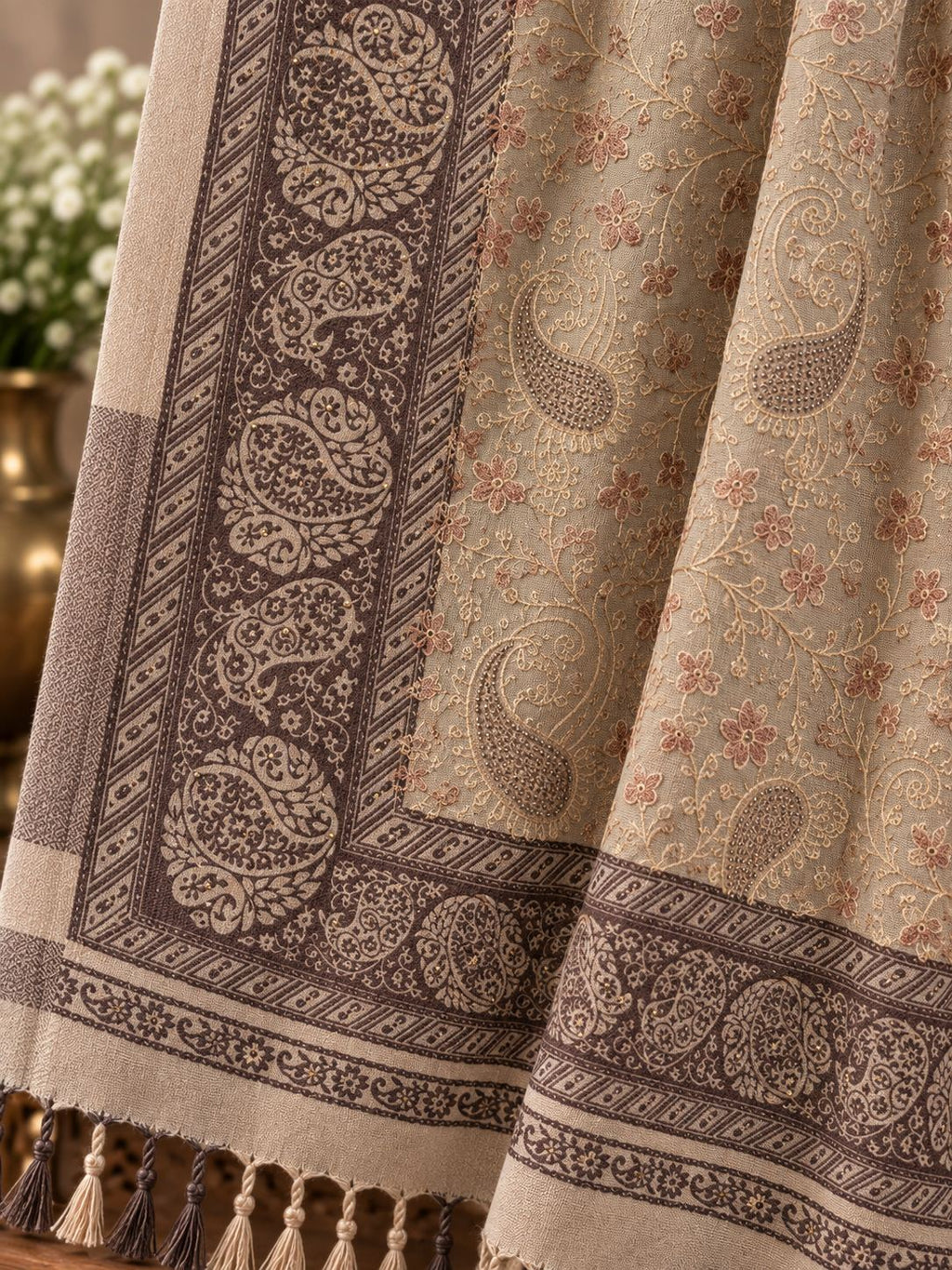 Beige Brown Jamawar Paisley Wool Shawl with Tassels