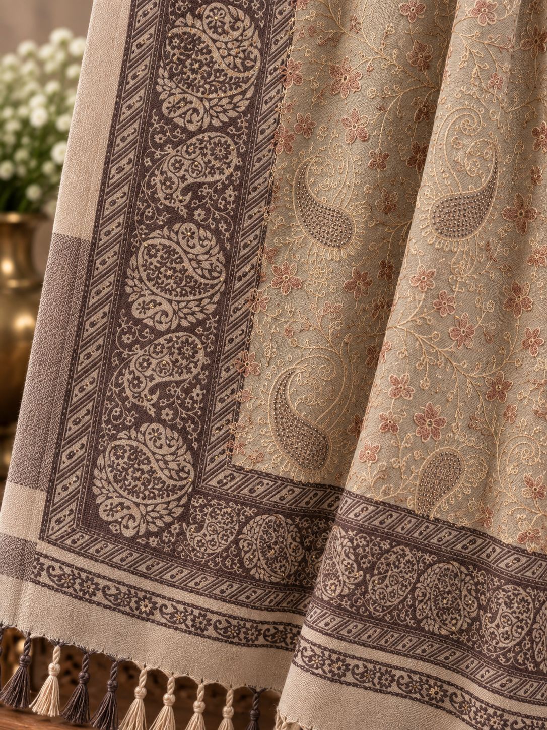 Beige Brown Jamawar Paisley Wool Shawl with Tassels