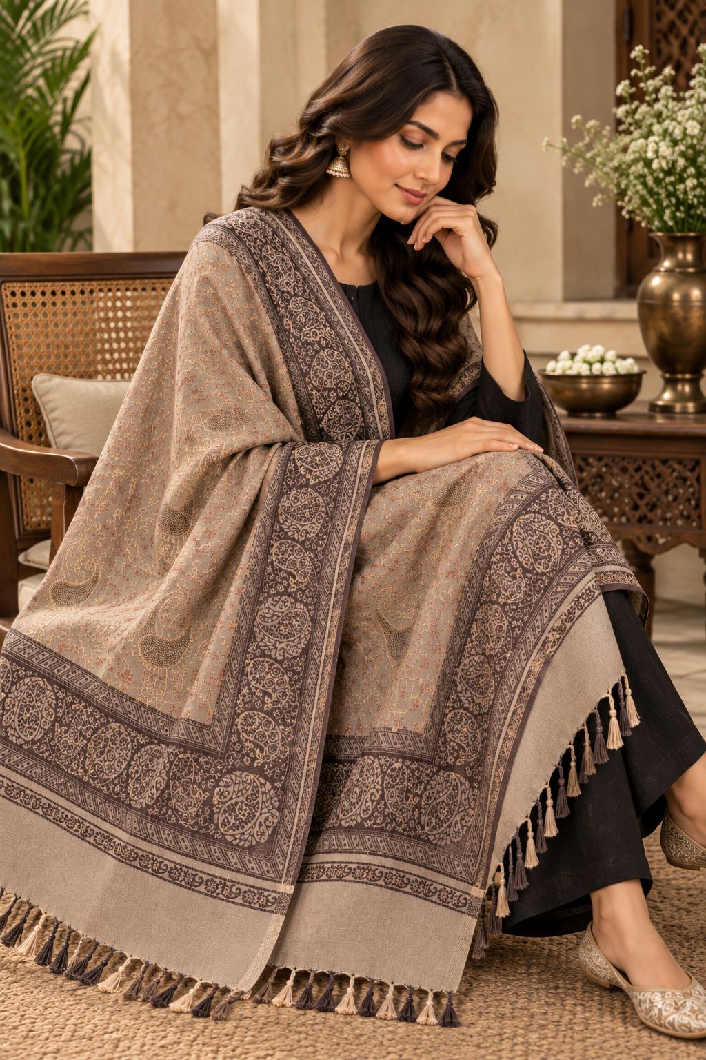 Beige Brown Jamawar Paisley Wool Shawl with Tassels