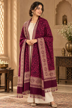 Wine Gold Jamawar Paisley Wool Shawl with Tassels