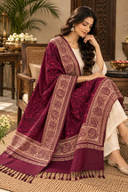 Wine Gold Jamawar Paisley Wool Shawl with Tassels