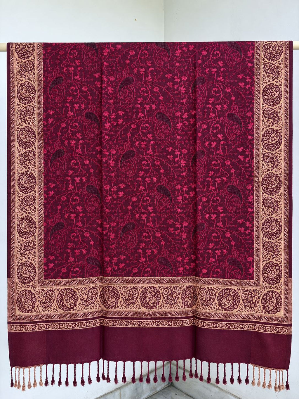 Wine Gold Jamawar Paisley Wool Shawl with Tassels