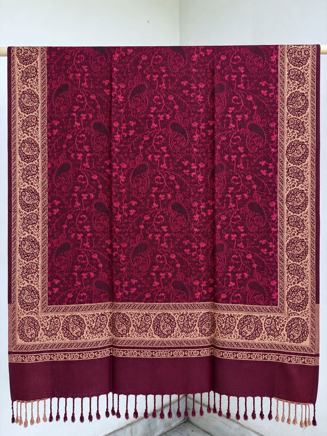 Wine Gold Jamawar Paisley Wool Shawl with Tassels