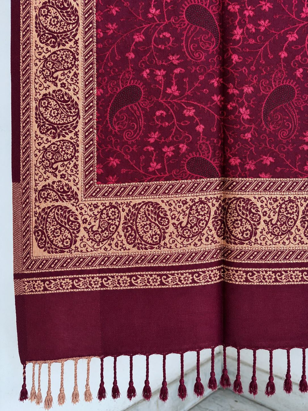 Wine Gold Jamawar Paisley Wool Shawl with Tassels