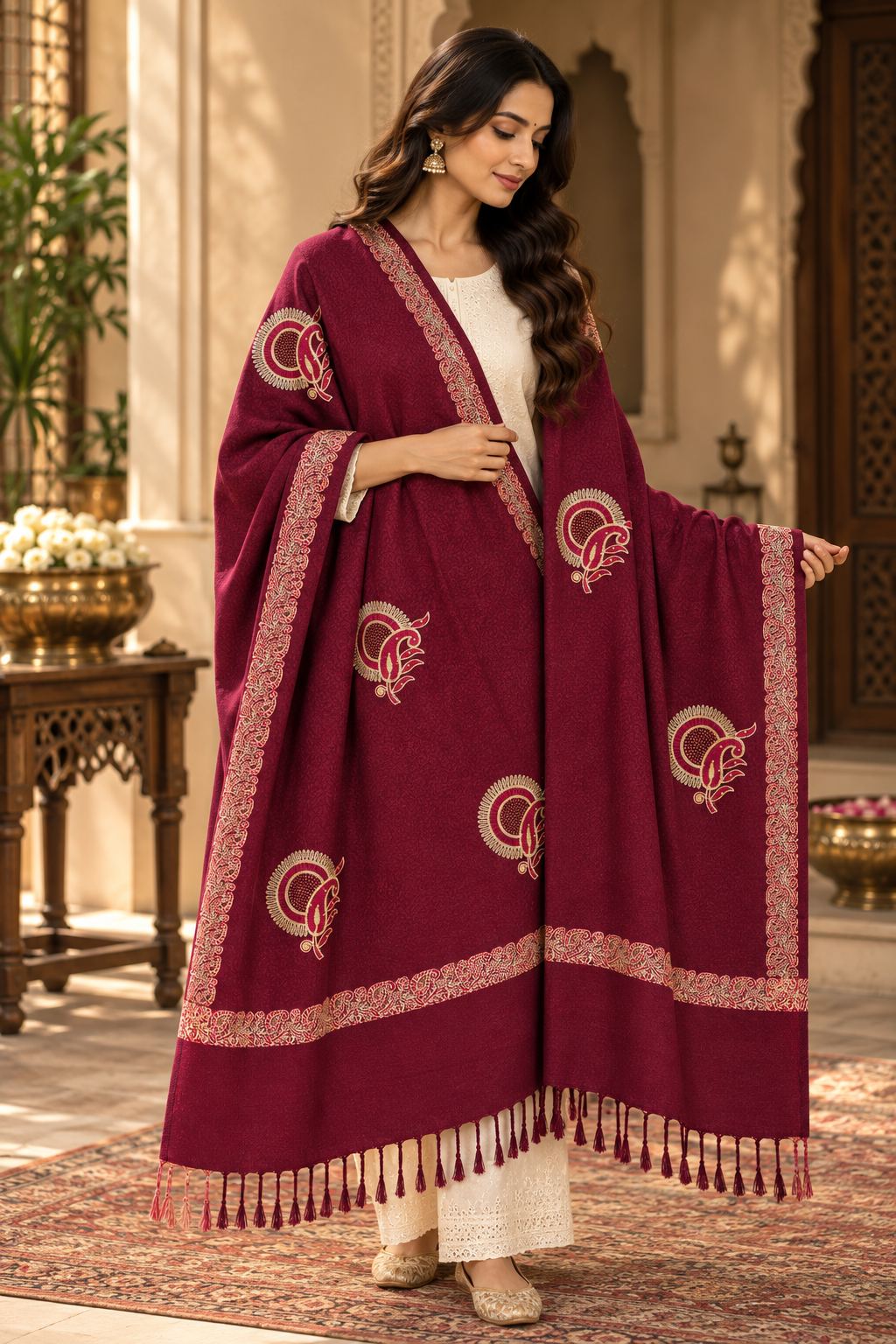 Maroon Gold Sunburst Paisley Wool Shawl with Tassels