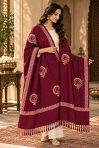 Maroon Gold Sunburst Paisley Wool Shawl with Tassels