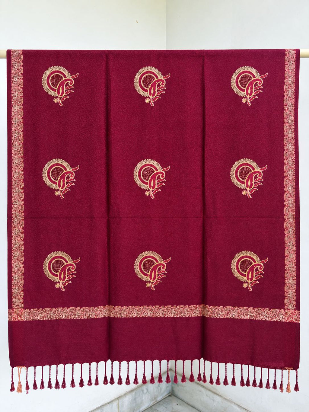 Maroon Gold Sunburst Paisley Wool Shawl with Tassels