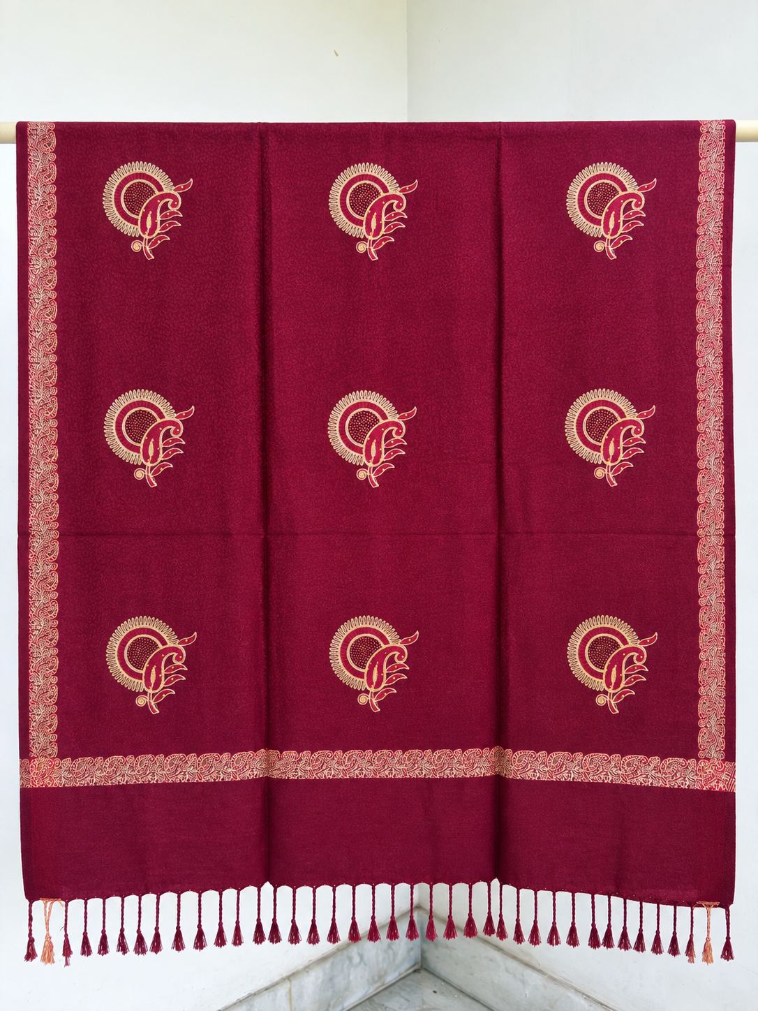 Maroon Gold Sunburst Paisley Wool Shawl with Tassels
