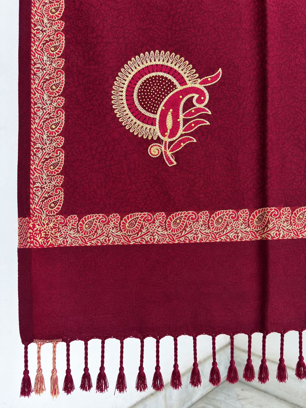 Maroon Gold Sunburst Paisley Wool Shawl with Tassels