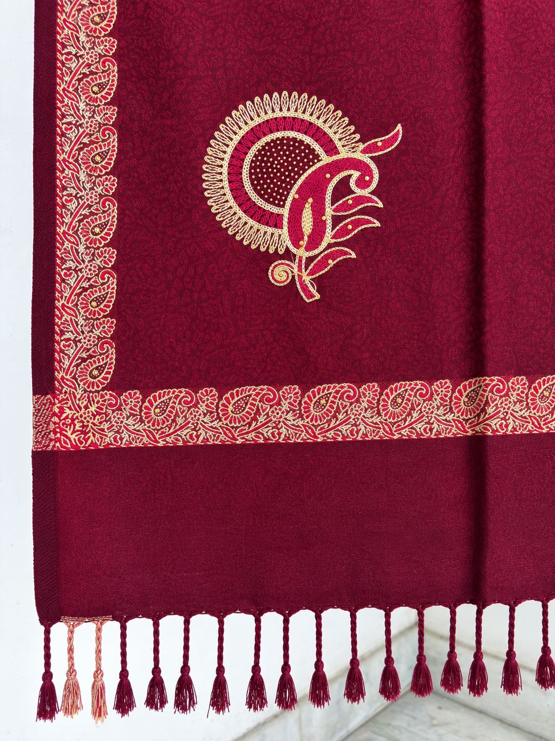 Maroon Gold Sunburst Paisley Wool Shawl with Tassels