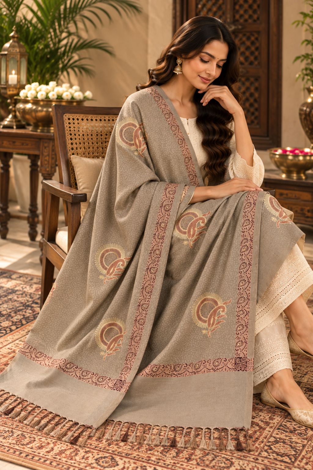 Taupe Rust Sunburst Paisley Wool Shawl with Tassels