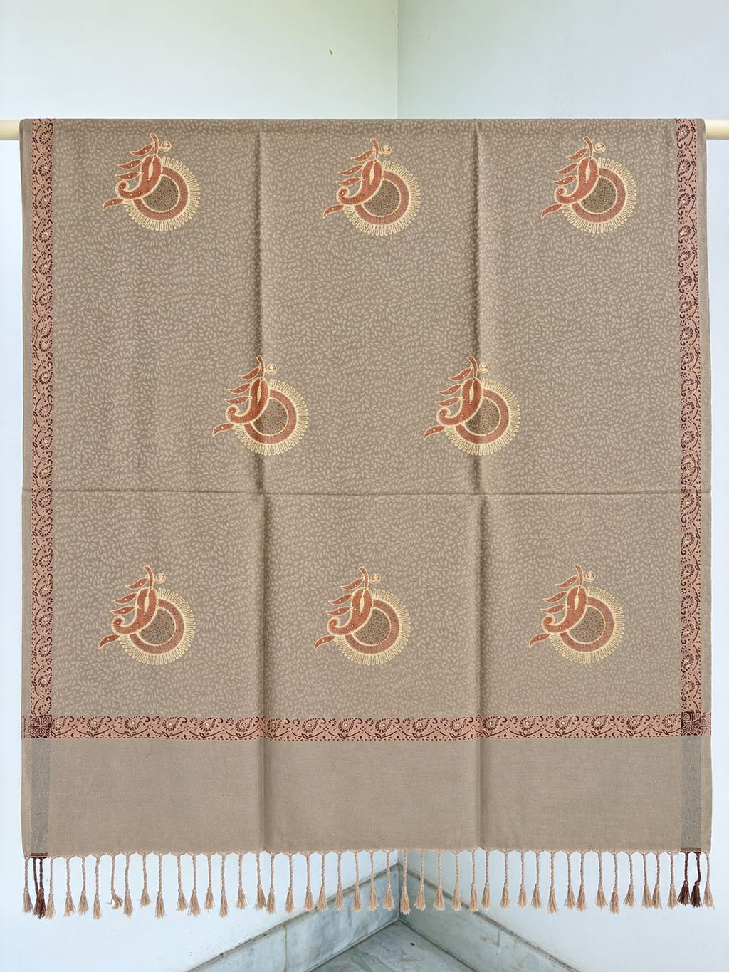 Taupe Rust Sunburst Paisley Wool Shawl with Tassels