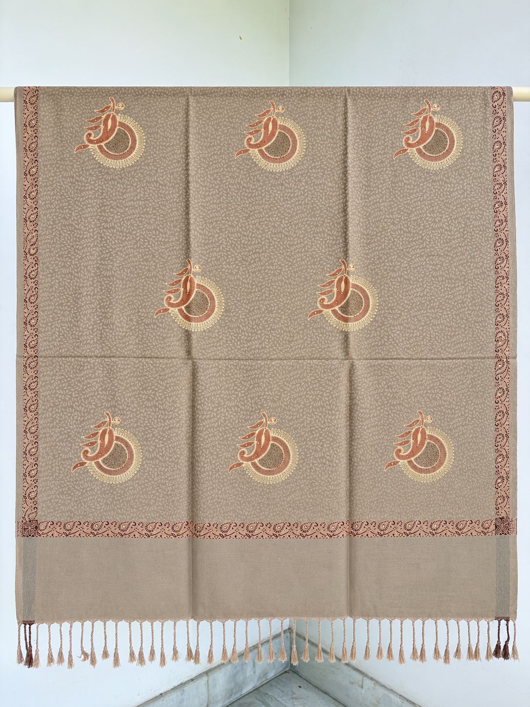 Taupe Rust Sunburst Paisley Wool Shawl with Tassels