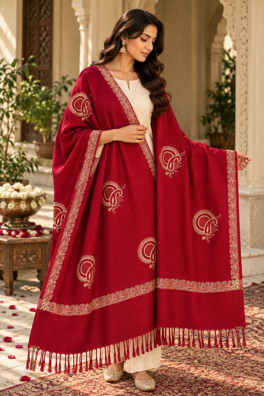 Red Gold Sunburst Paisley Wool Shawl with Tassels